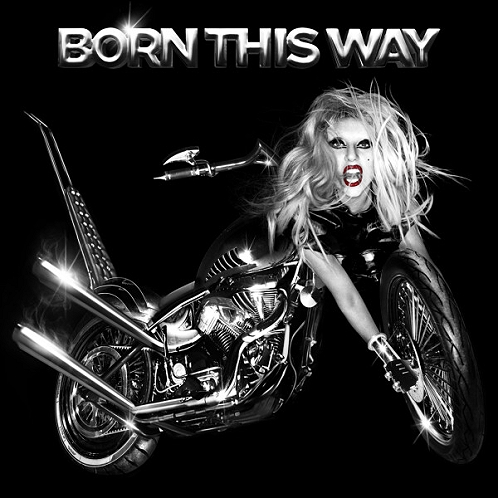 Lady Gaga's "Born This Way" album cover, on a motorcycle, chrome logo above her.