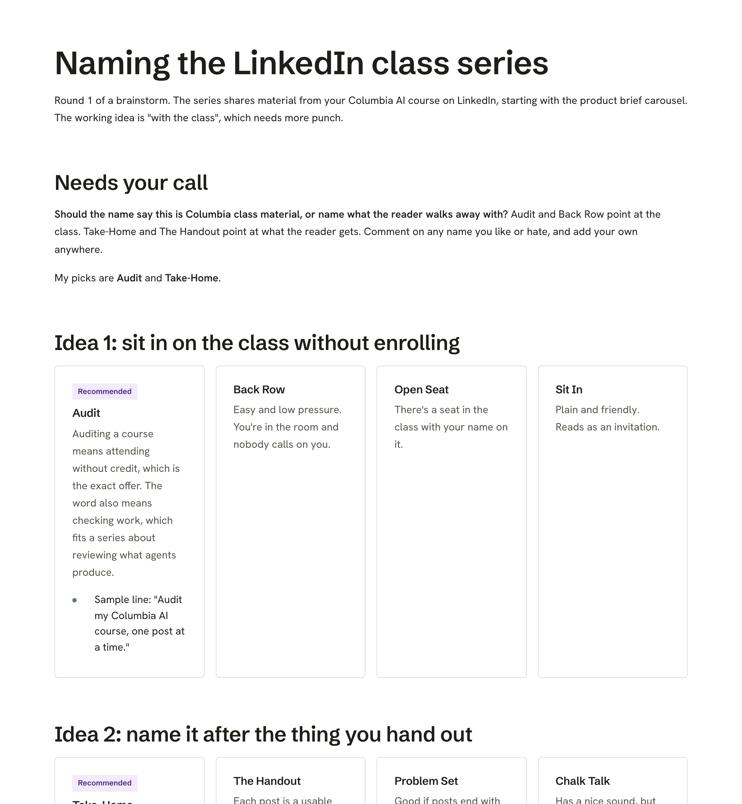 A brainstorm page Lahe made for naming a LinkedIn series