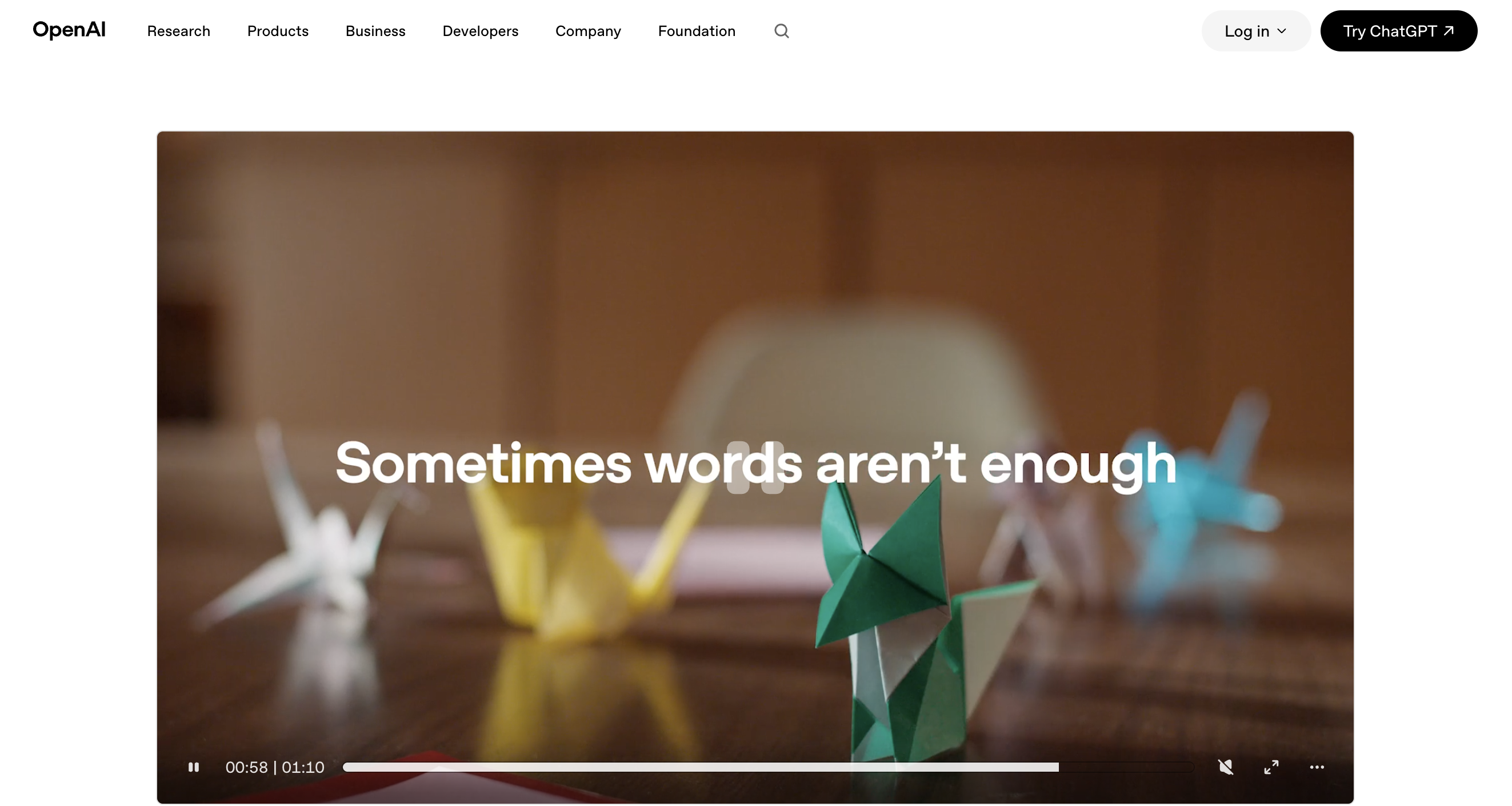 OpenAI's GPT-6 page with its launch video frame: Sometimes words aren't enough