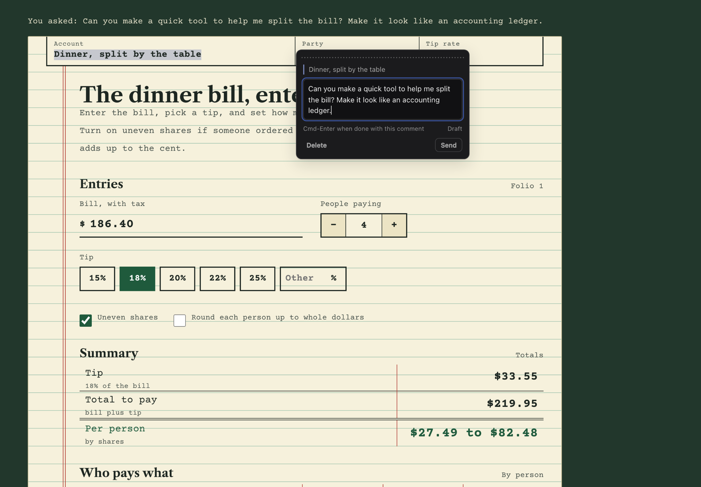 Lahe bill splitter styled as an accounting ledger, under the prompt that asked for it