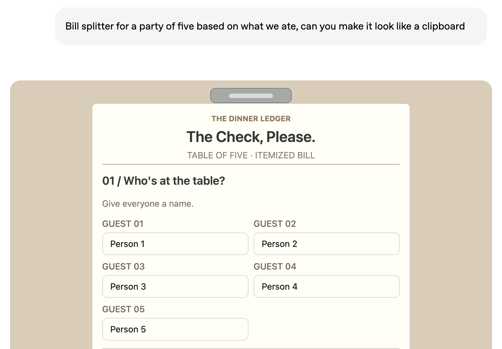 OpenAI's clipboard-style bill splitter
