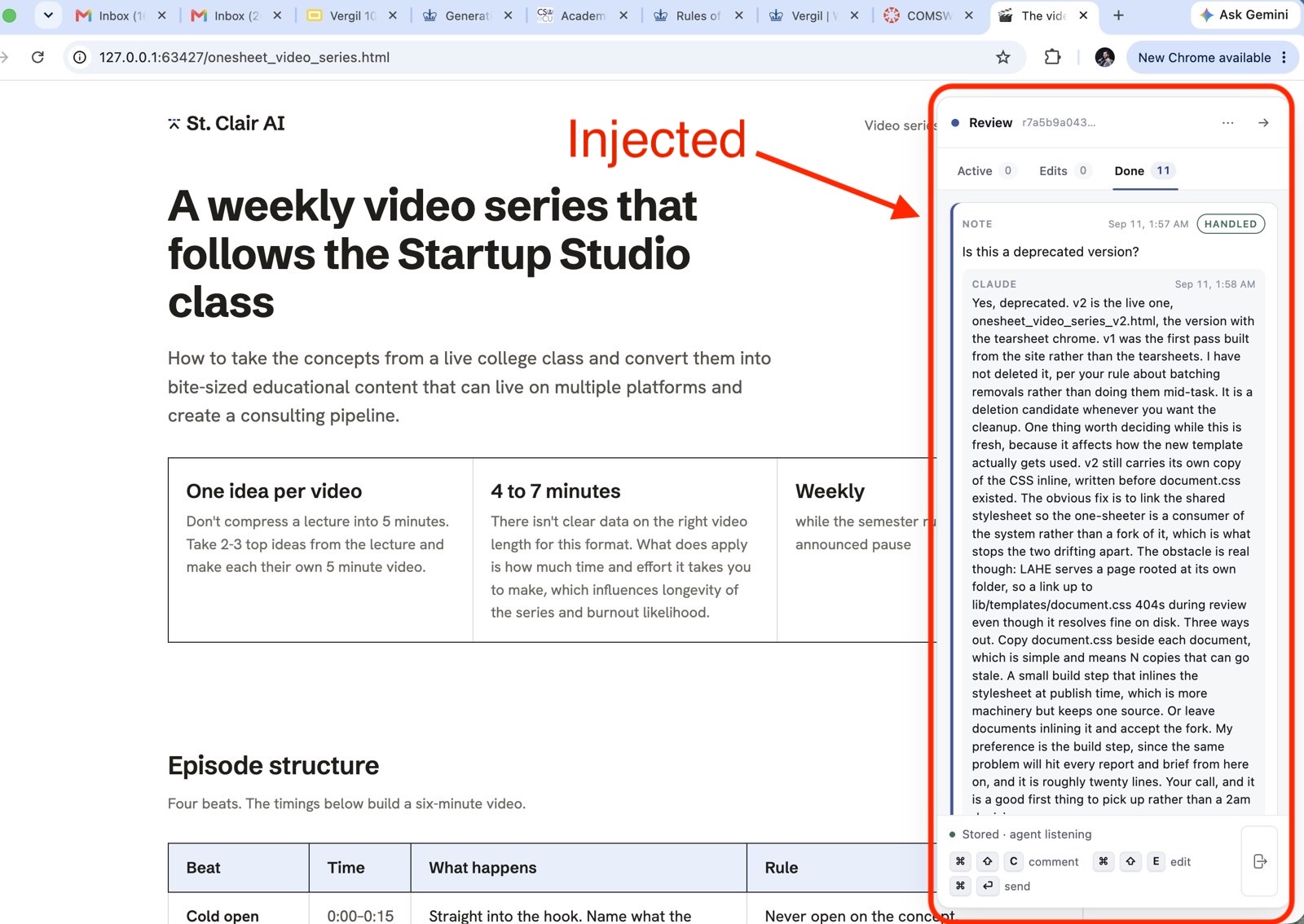 A browser window showing a document titled A weekly video series that follows the Startup Studio class, with a review rail on the right holding a note asking whether this is a deprecated version and the agent's reply.