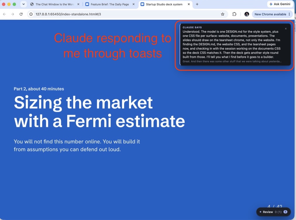 A slide deck open in the browser with a reply toast from the agent in the top right corner and a small review badge in the bottom right.
