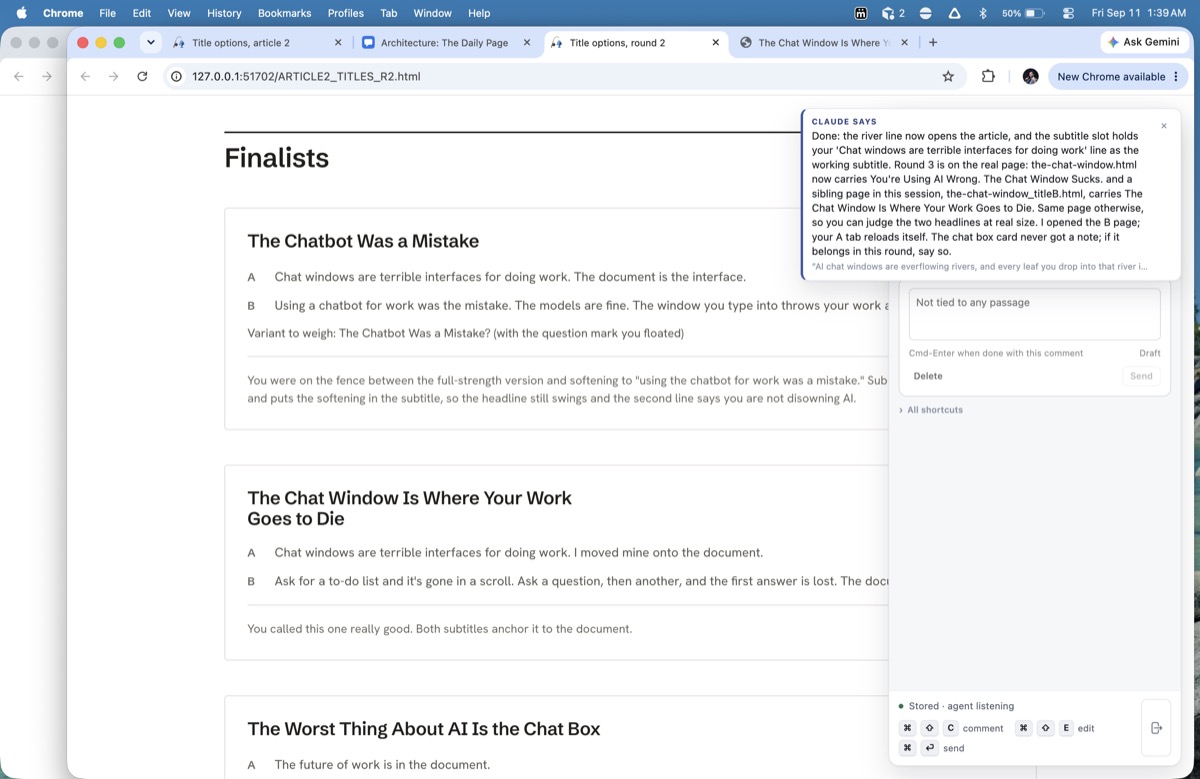 A page of candidate article titles in bordered cards, each with a subtitle and a note, with comment cards from the reviewer attached down the right side.