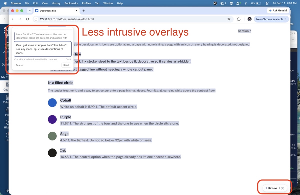 A design document with one section highlighted and a comment box open on it, containing a typed request and an active Send button.