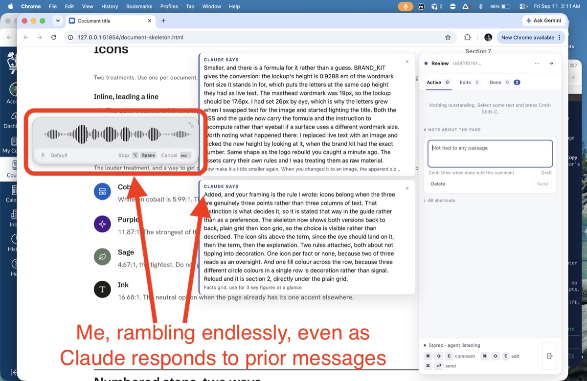 The same document with two reply cards from the agent stacked on the page, the icons in the section changed to filled colored circles, the comment rail open with a fresh empty box, and a dictation waveform overlaid mid-page.