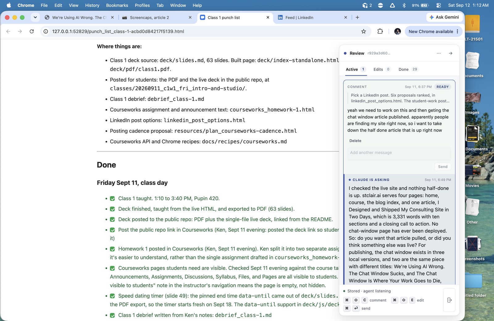 A class punch list open in the browser, with sections Where things are and Done full of checked items, and the review rail on the right holding a comment on one item and a reply from Claude asking which article to pull.